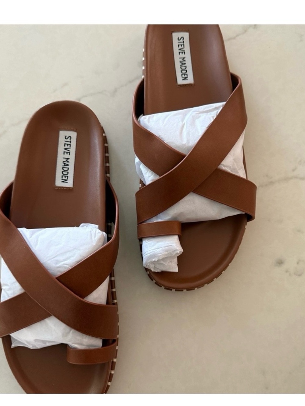 Steve Madden Tan Crisscross Toe-Ring Slide Sandals - Picture 3 of 5